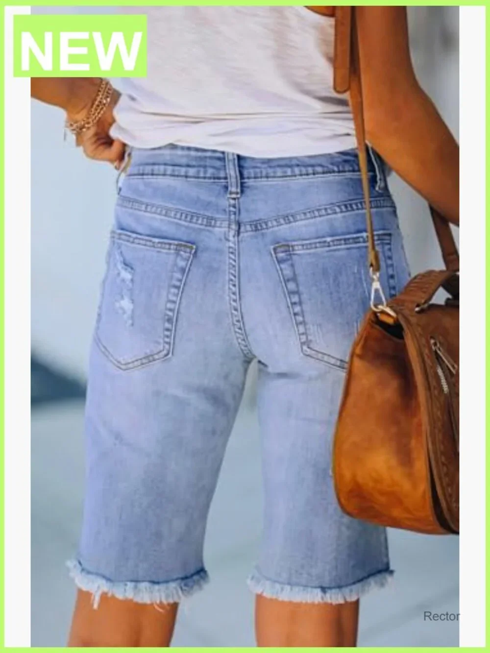Women's Ripped Denim Bermuda Shorts Casual Summer Mid Waist Stretchy 5 Pockets